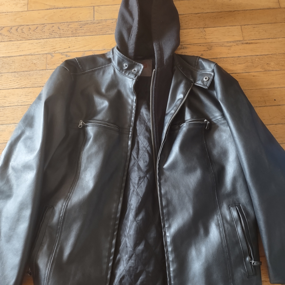 Men's Black Faux Leather Jacket with Hood